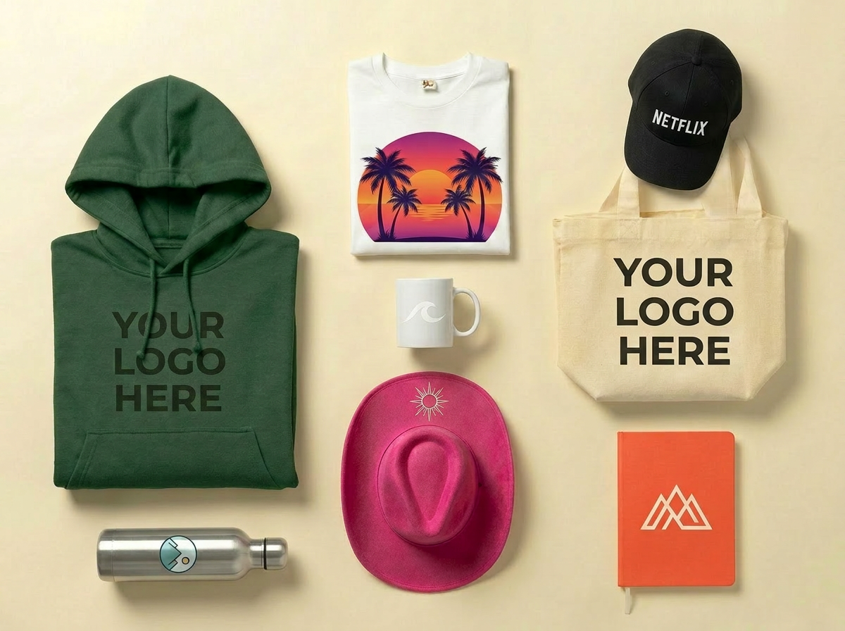 A playful pile of custom merch — t-shirt, hoodie, tote, water bottle, cap, and an inflatable flamingo