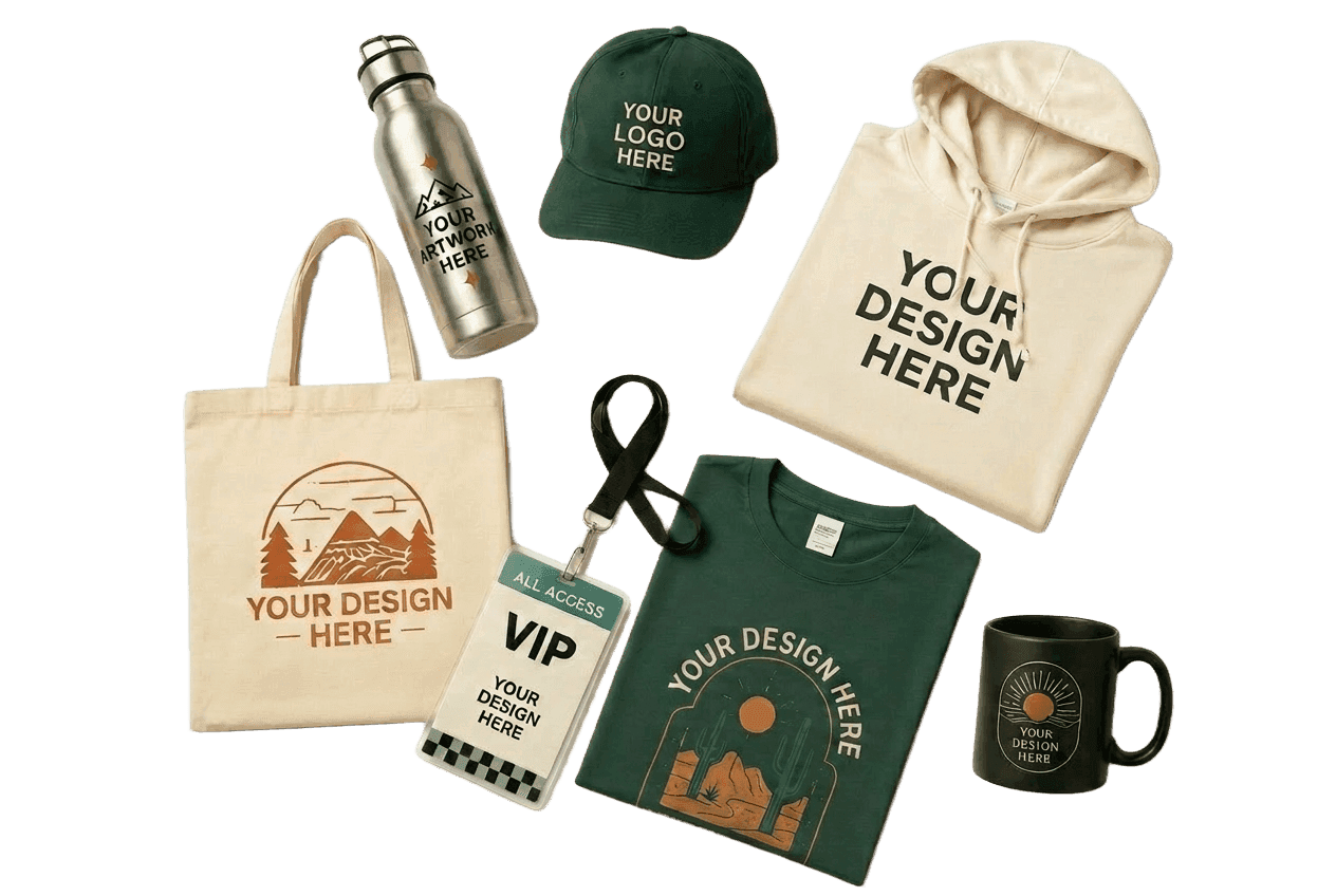 Custom merch laid out - water bottle, cap, hoodie, tote, VIP lanyard, t-shirt, and mug, each showing 'your design here'